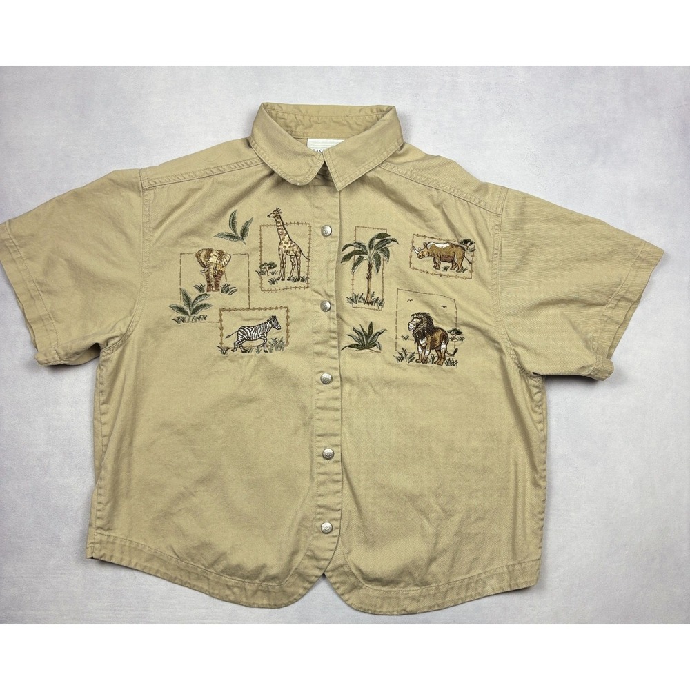 Casey‎ & Max Safari Shirt Womens Large Tan Khaki Embroidered Animals Snap Up L